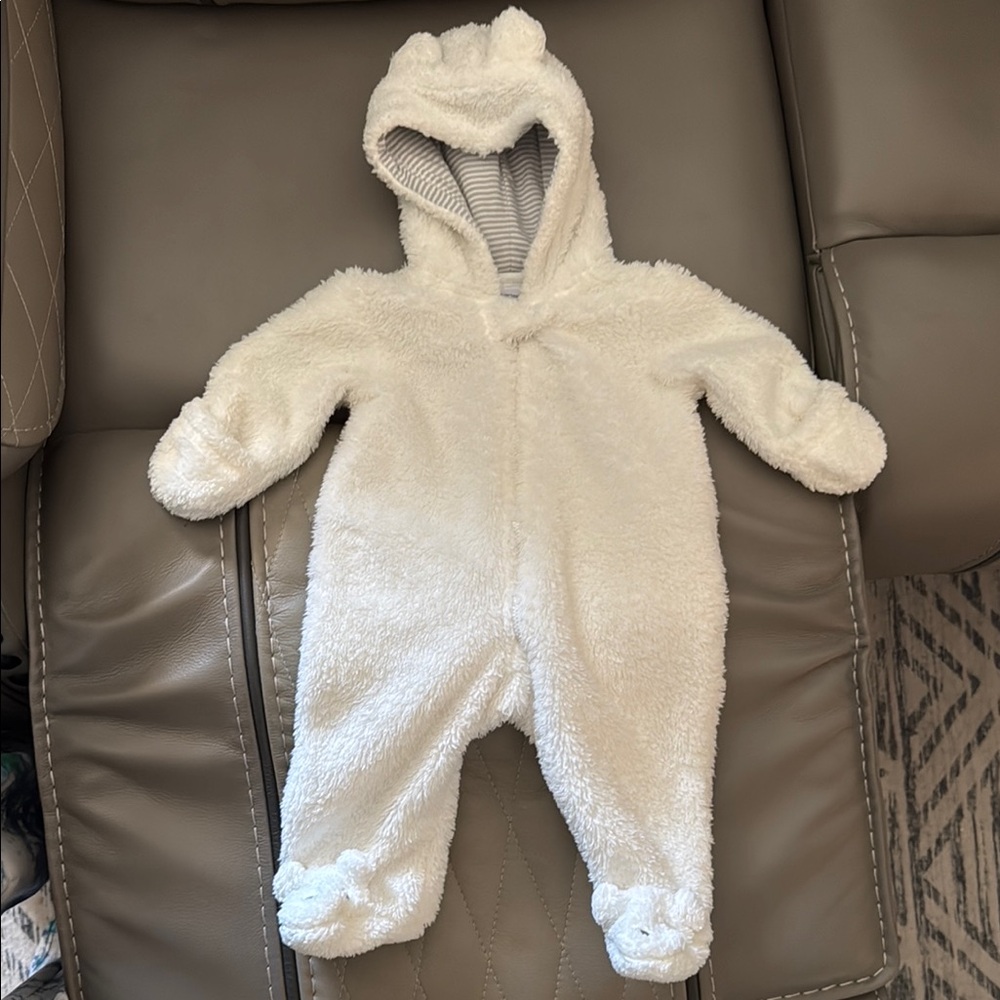 Carter's Bear White Bodysuit Zip Up One Piece with Hood and Built-in Feet